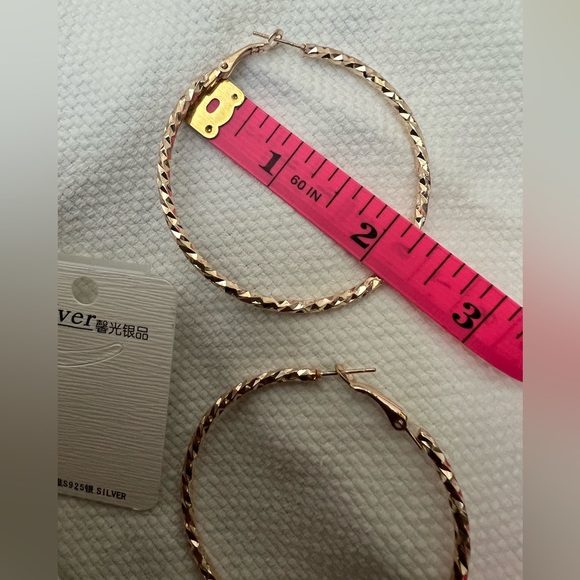 Gold Fashion Earrings Pierced Hoops S925 NIP 2 1/4” in Diameter - Picture 4 of 4
